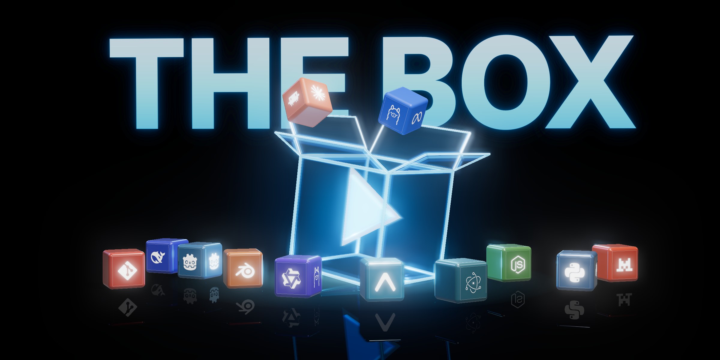 Glowing letters reading THE BOX behind the open Playpen box, with the Claude and Ollama blocks falling in and blocks for Qwen Coder, DeepSeek, Mistral, Git, Godot, Blender, Expo, Electron, Node.js and Python scattered around it carrying the logos of Claude and Anthropic, Meta Llama and Ollama, Blender, Godot, Python, Git and GitHub, Node.js and npm, Electron, Qwen and Alibaba Cloud, and Expo and React