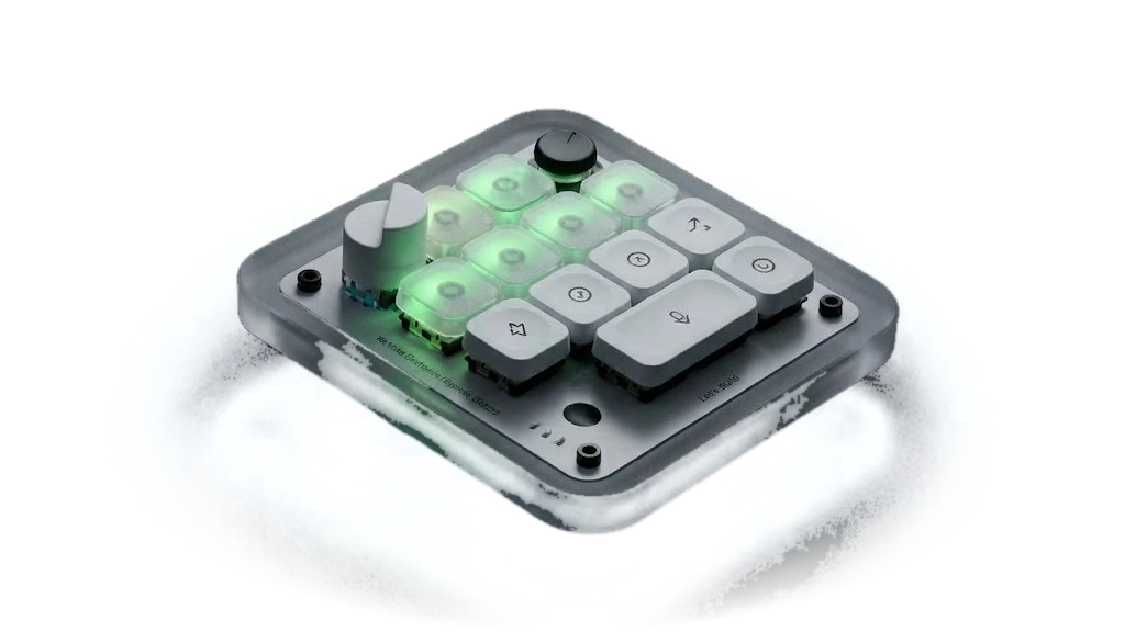 A small premium AI keypad with glowing keys and a dial